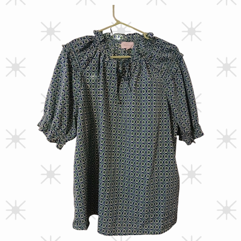 MELLODAY Geometric Print Top - Green and White